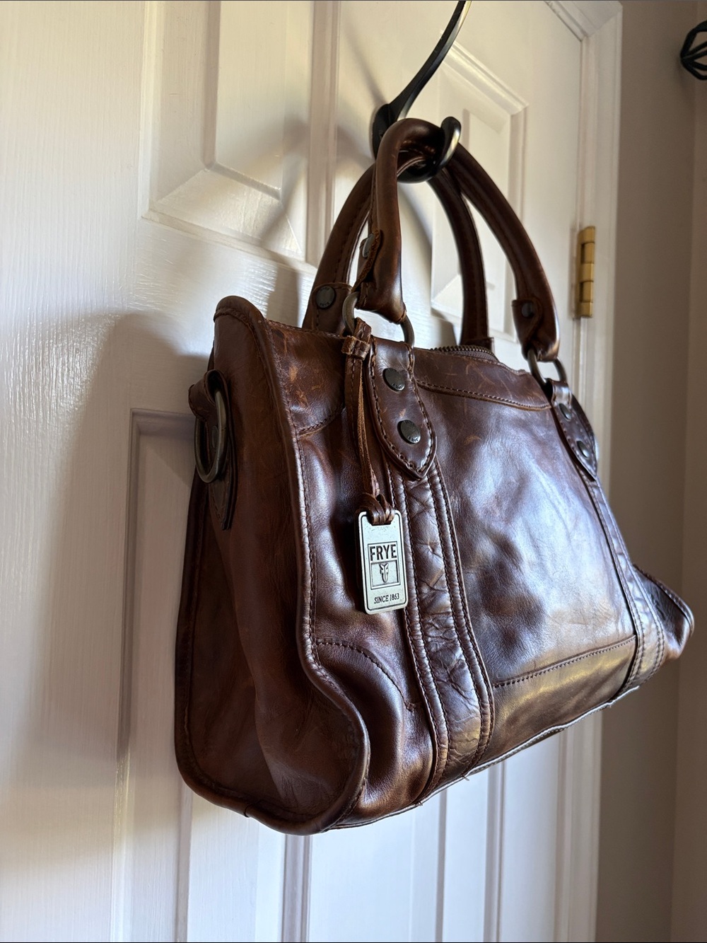Frye Cognac Brown Italian Leather Tote Melissa Satchel Handbag - Picture 5 of 9
